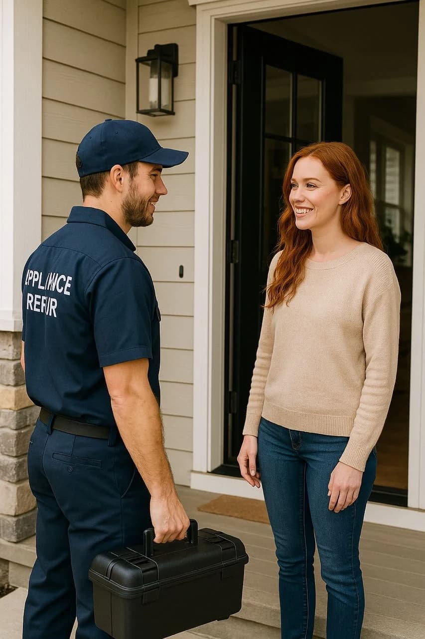 A technician discusses repair details with the homeowner